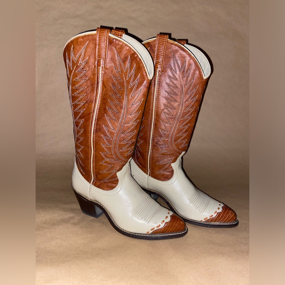 Vintage ACME Brown and Cream Leather Cowboy Boots, Size 6.5 , Pre-owned
